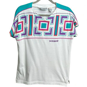 Vintage Le Coq Sportif Size Medium Geometric 80s T Shirt Top Tennis Athletic